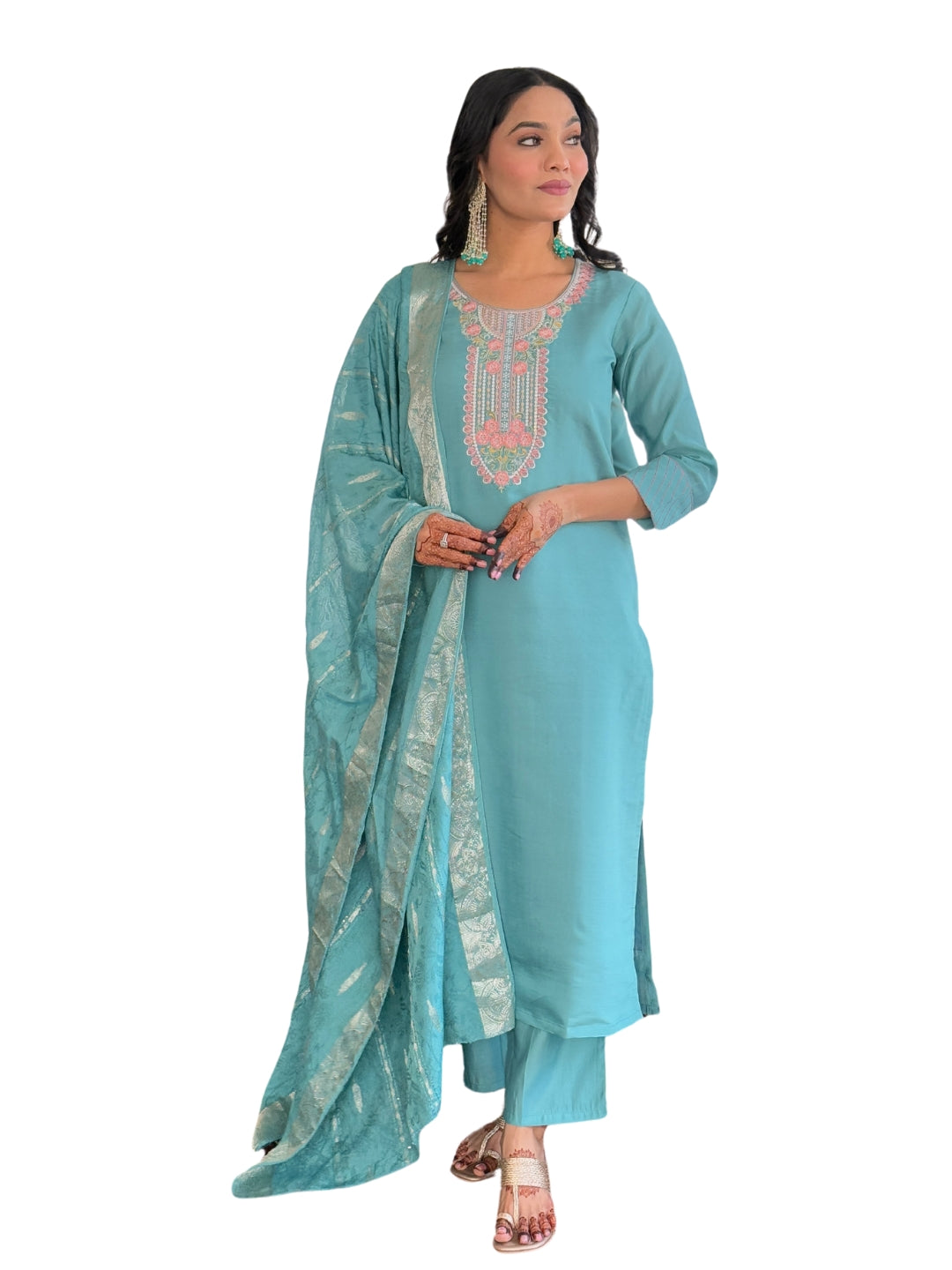Elevate your wardrobe with this elegant teal kurti set, adorned with delicate embroidery and a matching dupatta for a refined look