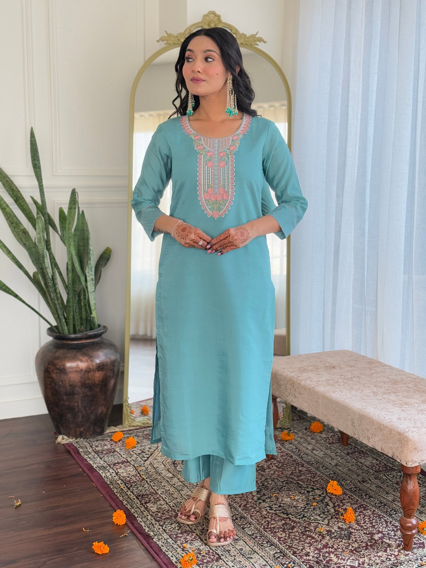 Elevate your wardrobe with this elegant teal kurti set, adorned with delicate embroidery and a matching dupatta for a refined look