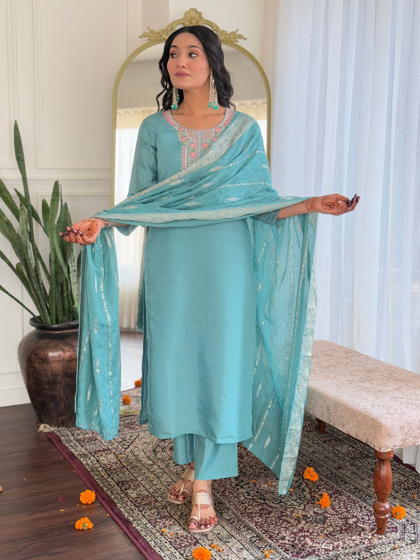 Elevate your wardrobe with this elegant teal kurti set, adorned with delicate embroidery and a matching dupatta for a refined look