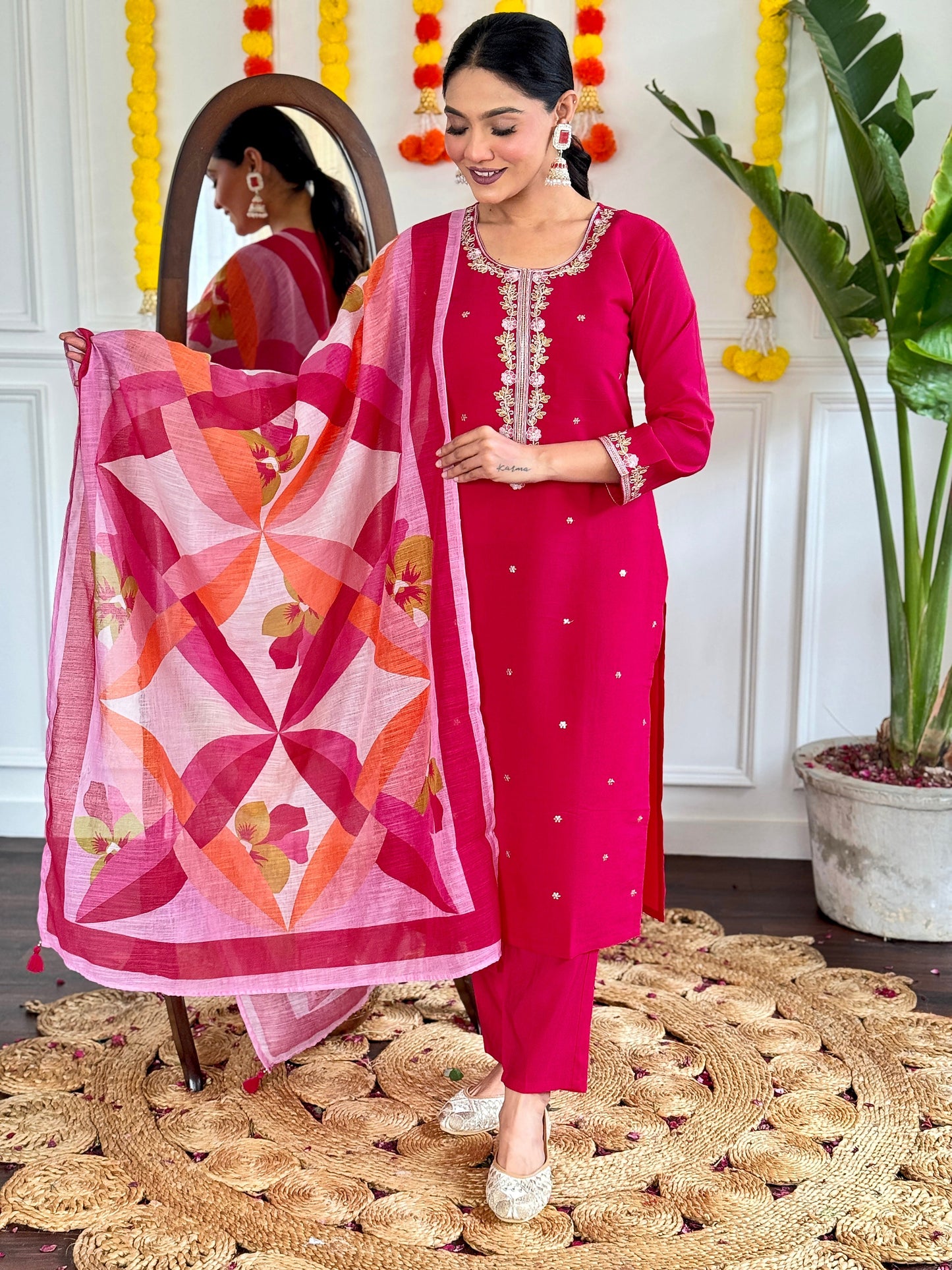 Radiate elegance with this stunning pink kurti set, adorned with delicate embroidery and paired with a vibrant printed dupatta