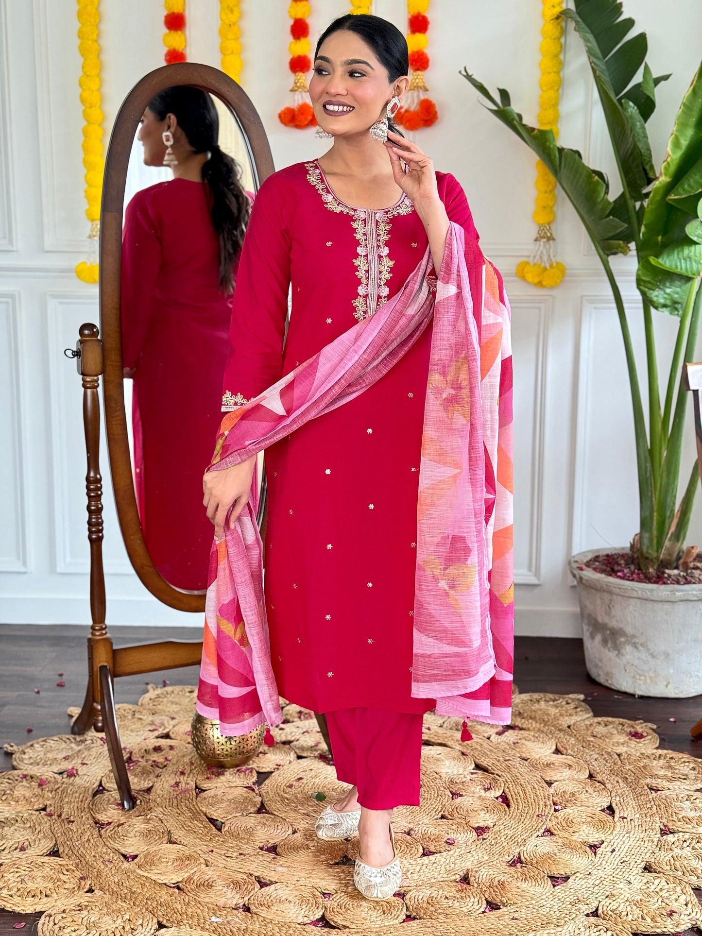 Radiate elegance with this stunning pink kurti set, adorned with delicate embroidery and paired with a vibrant printed dupatta