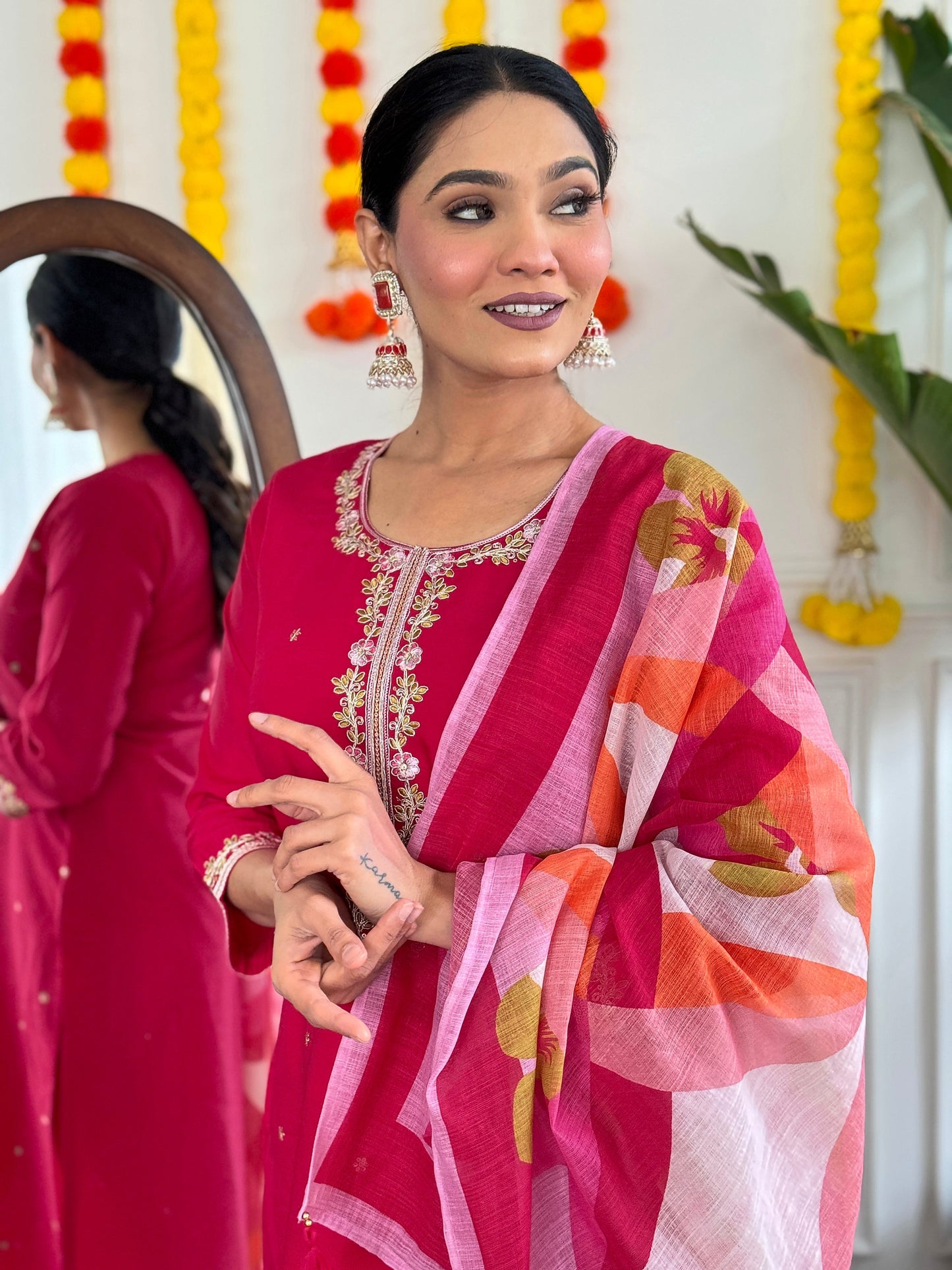 Radiate elegance with this stunning pink kurti set, adorned with delicate embroidery and paired with a vibrant printed dupatta
