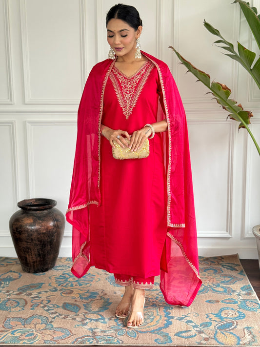 Turn heads in this stunning red kurti set, featuring intricate gold embroidery for a regal touch