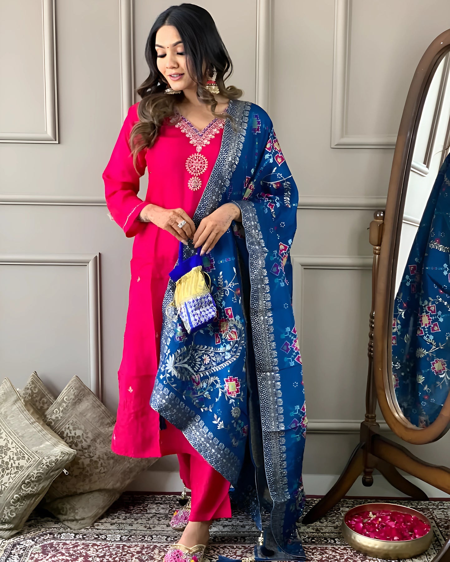 Embrace elegance with this stunning fuchsia pink kurti set, featuring delicate embroidery and a contrasting deep blue dupatta with intricate patterns