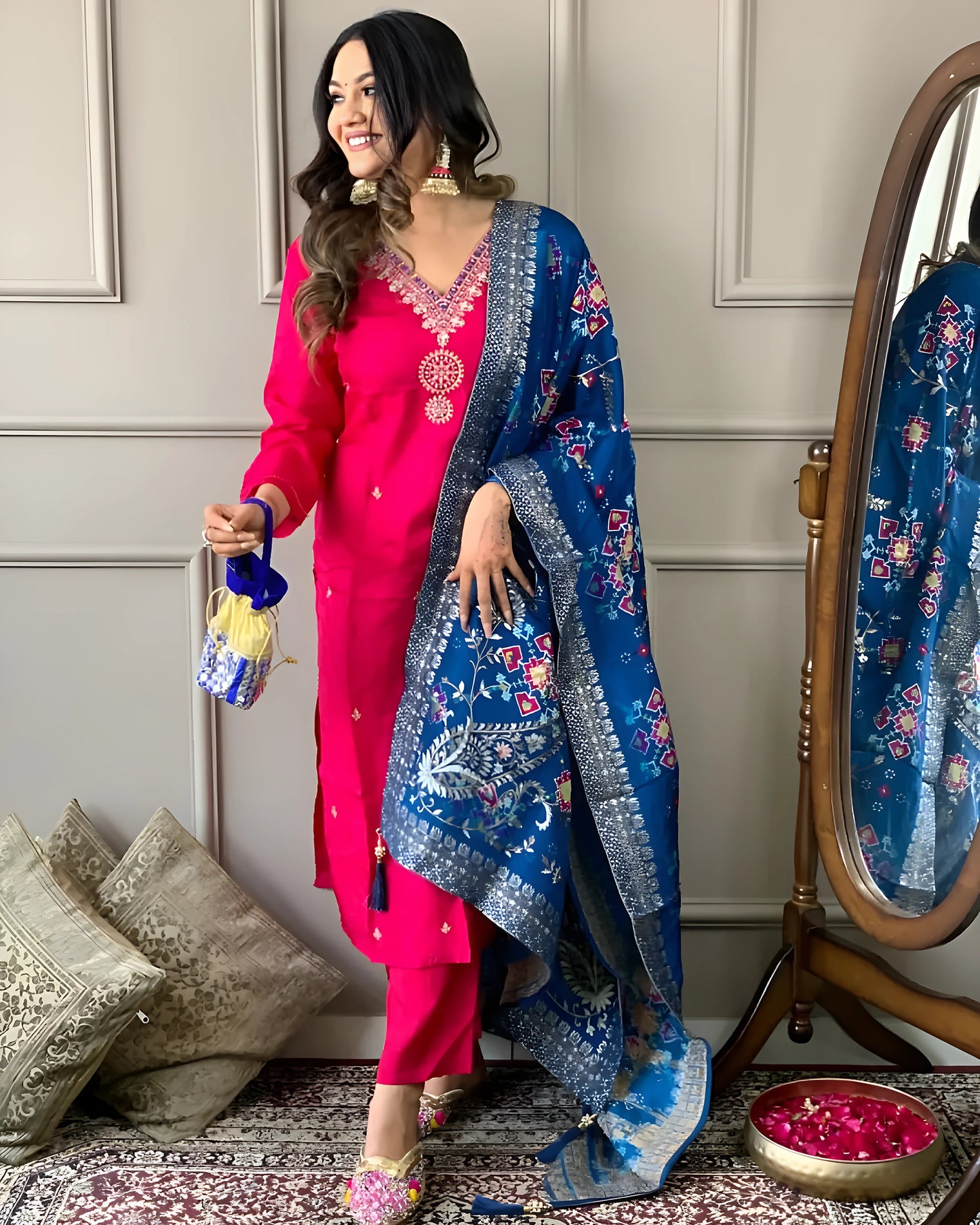Embrace elegance with this stunning fuchsia pink kurti set, featuring delicate embroidery and a contrasting deep blue dupatta with intricate patterns