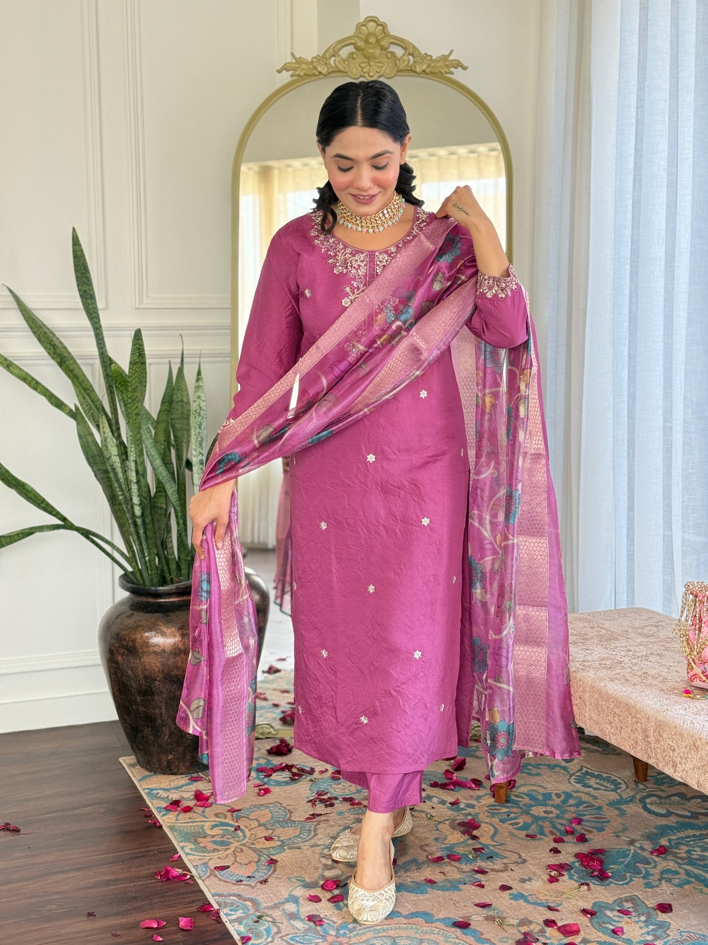 Elevate your style with this elegant mauve kurti set, adorned with delicate embroidery and a beautifully printed dupatta
