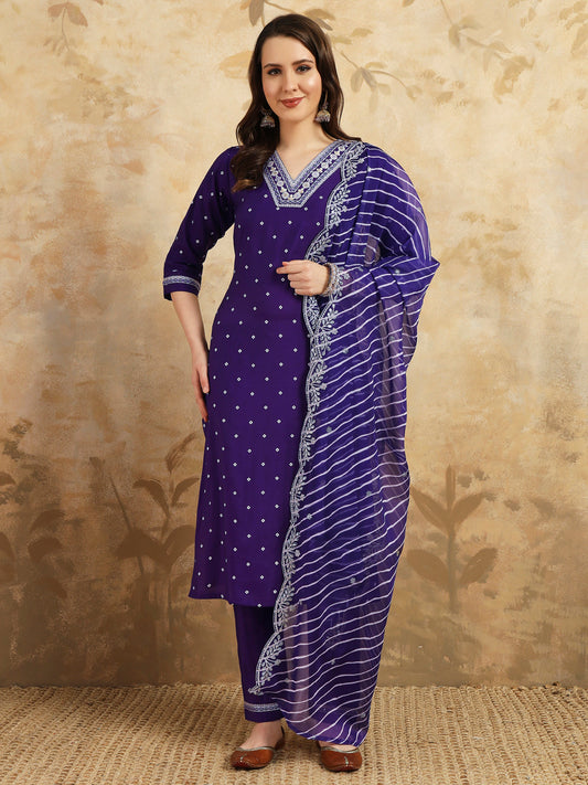 Embrace elegance with this regal purple kurti set, adorned with intricate embroidery and paired with a beautifully striped and embroidered dupatta