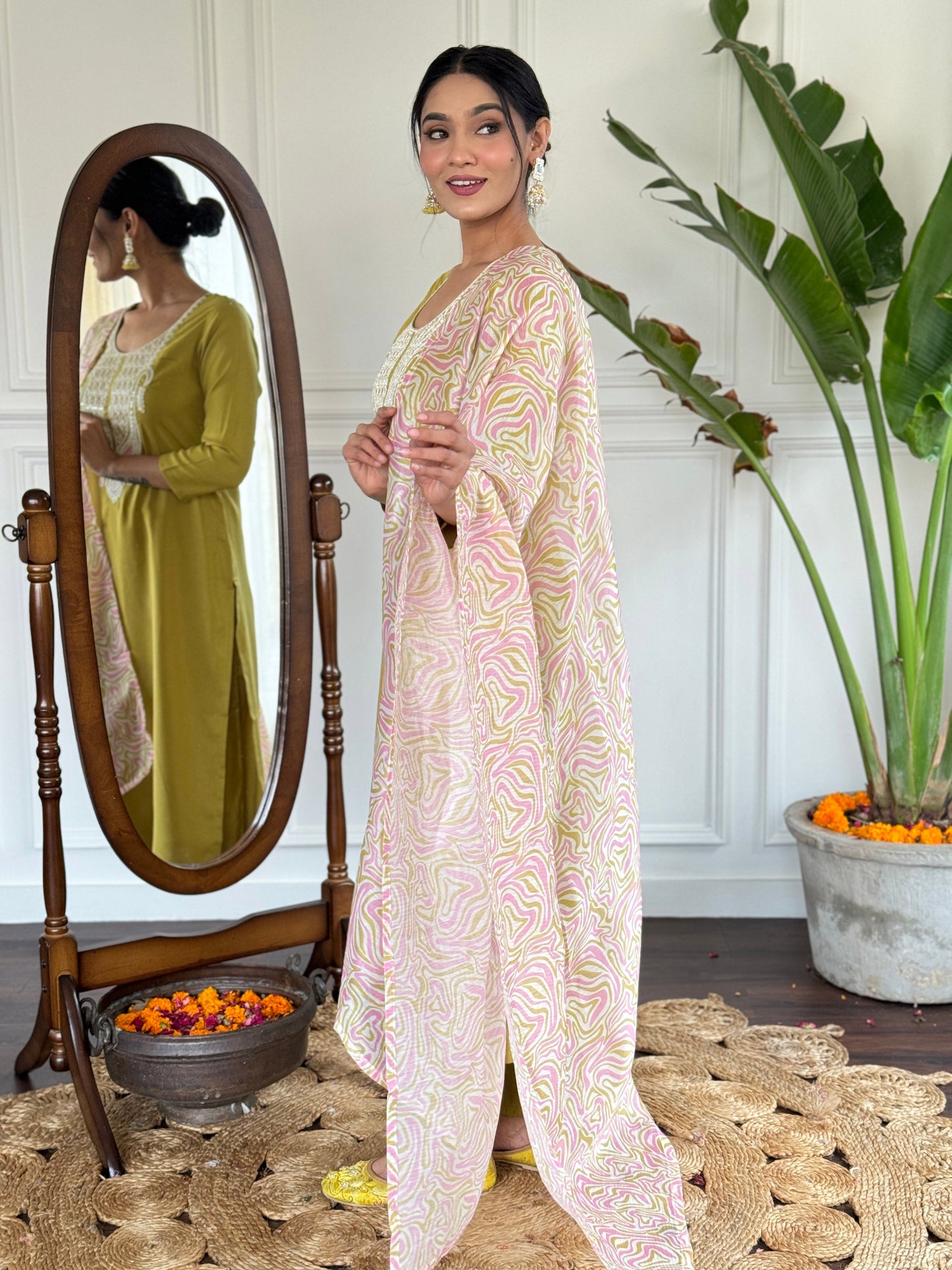 Elevate your style with this sophisticated navy blue kurti set, featuring intricate white embroidery on the neckline