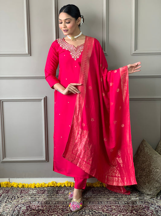 Drape yourself in elegance with this vibrant red kurti set, featuring exquisite embroidery and a rich Banarasi dupatta