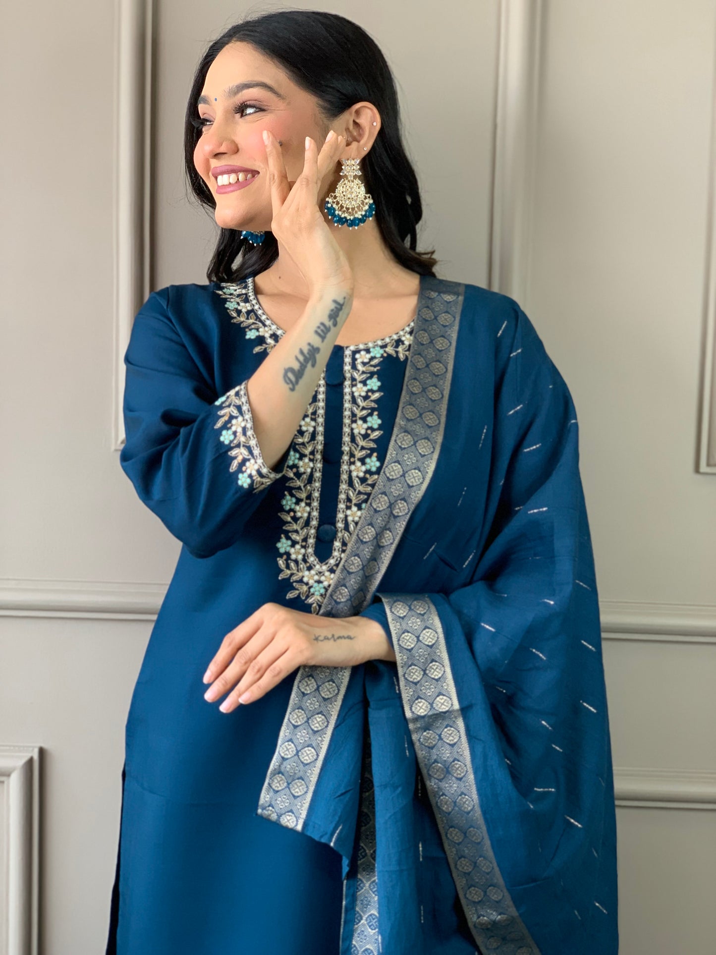 Elevate your style with this elegant blue kurti set, featuring intricate embroidery and a graceful dupatta. Perfect for festive occasions or casual elegance,