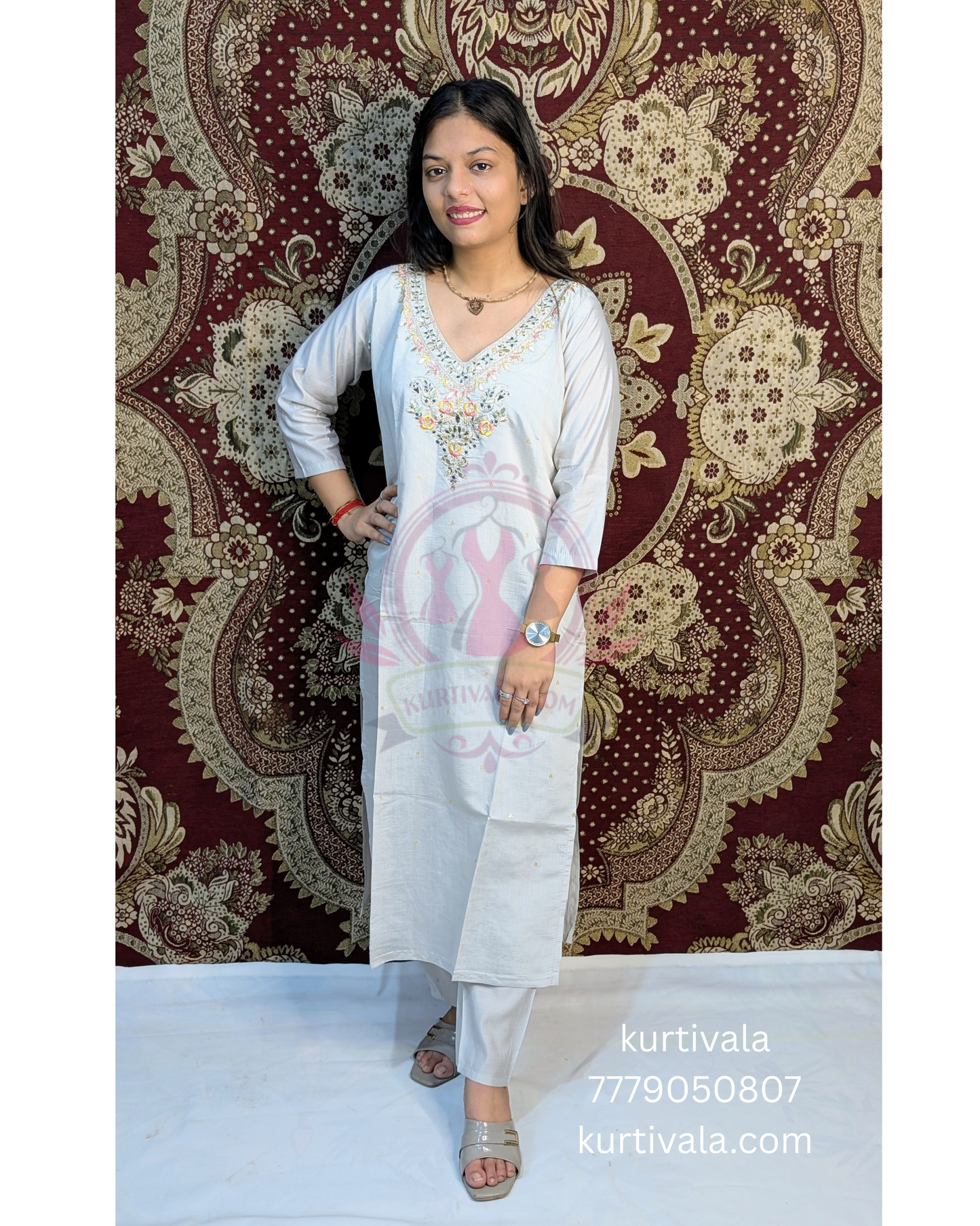 This soft pastel kurti set brings grace and charm with delicate embroidery on the neckline and a vibrant floral dupatta with golden zari borders. Ideal for festive wear or special occasions, it blends elegance with comfort effortlessly