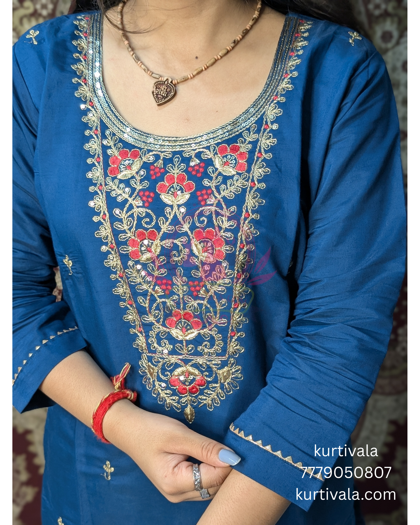 Make a bold style statement with this deep blue kurti set adorned with elegant thread embroidery and subtle embellishments. Paired with a rich multicolor woven dupatta, it’s a perfect blend of tradition and contemporary flair for festive occasions.