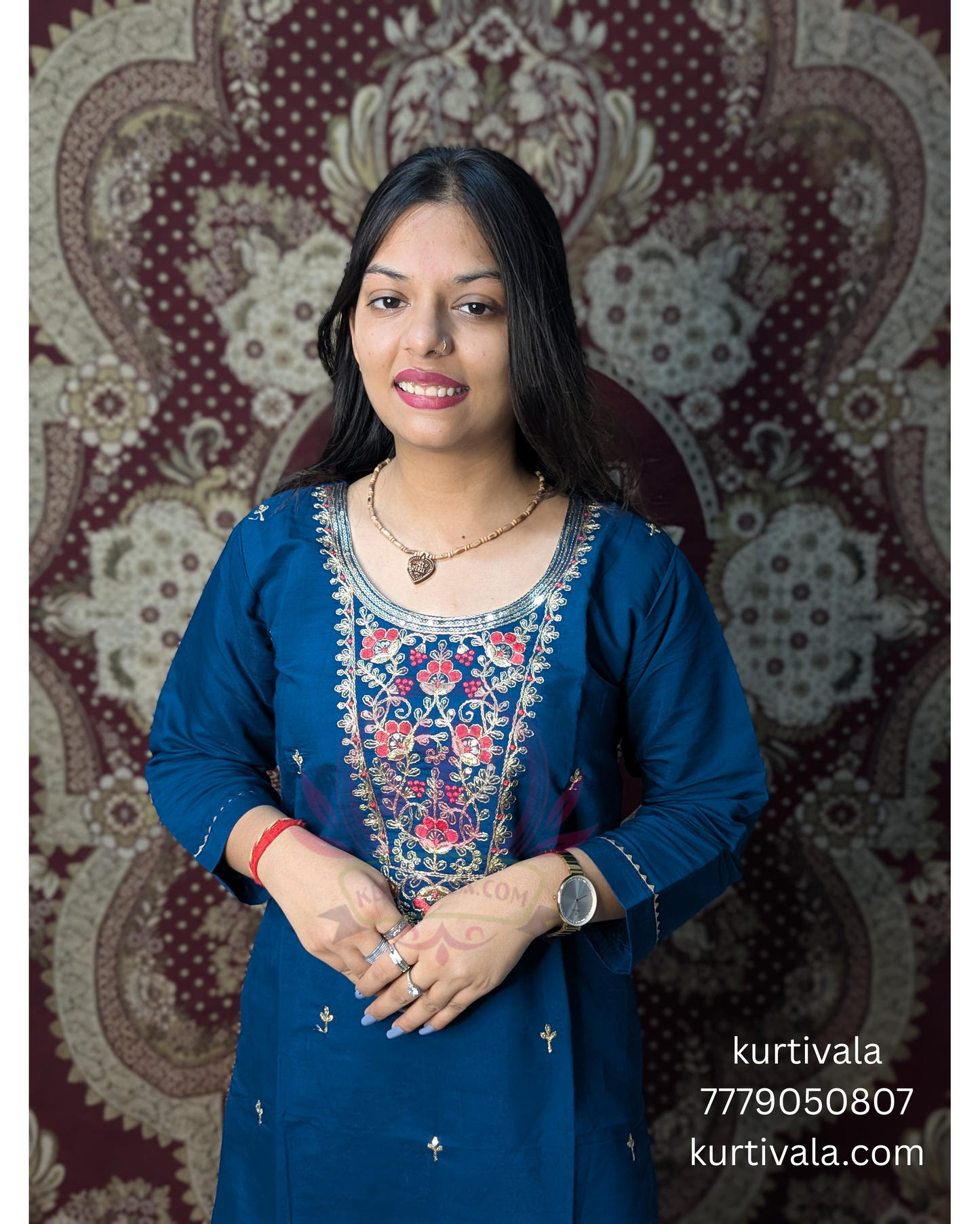 Make a bold style statement with this deep blue kurti set adorned with elegant thread embroidery and subtle embellishments. Paired with a rich multicolor woven dupatta, it’s a perfect blend of tradition and contemporary flair for festive occasions.